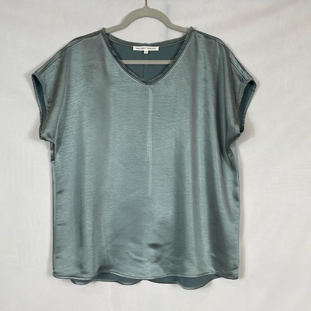 Melissa Nepton Satin Top Size L Seafoam Blue Color Fringe Neckline - Picture 1 of 7